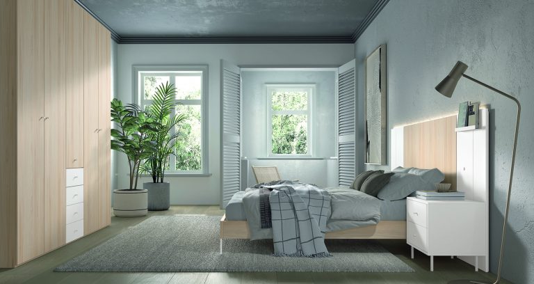 Dormitorio cabecero mesitas armario puertas batientes a medida con luz LED – Home Dreams Design