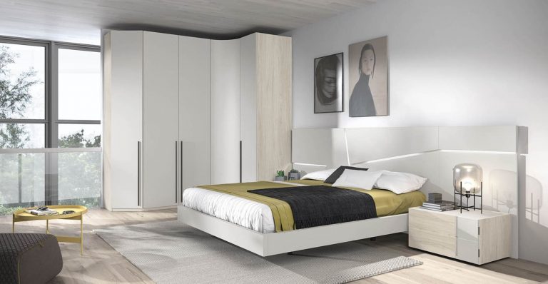Dormitorio cabecero mesitas bancada armario rinconero – Home Dreams Design