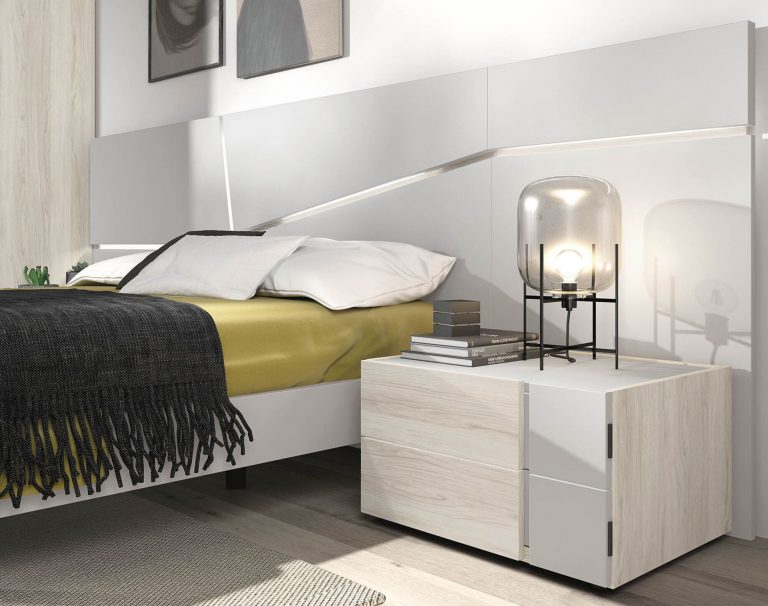 Dormitorio cabecero mesitas bancada armario rinconero – Home Dreams Design