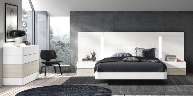 Dormitorio cabecero mesitas bancada cómoda – Home Dreams Design