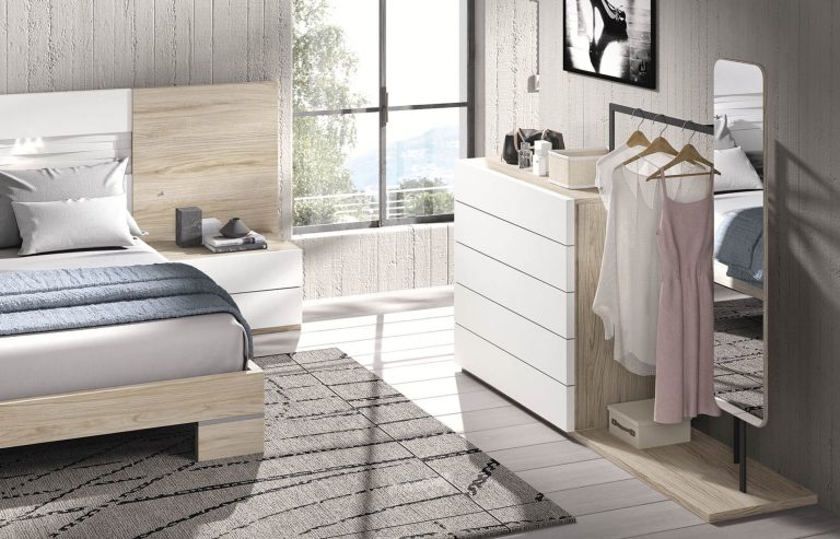 Dormitorio cabecero mesitas bancada cómoda – Home Dreams Design