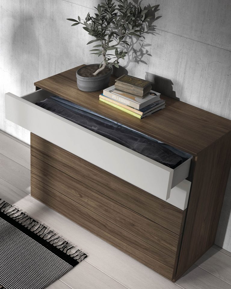 Dormitorio cabecero mesitas bancada cómoda – Home Dreams Design