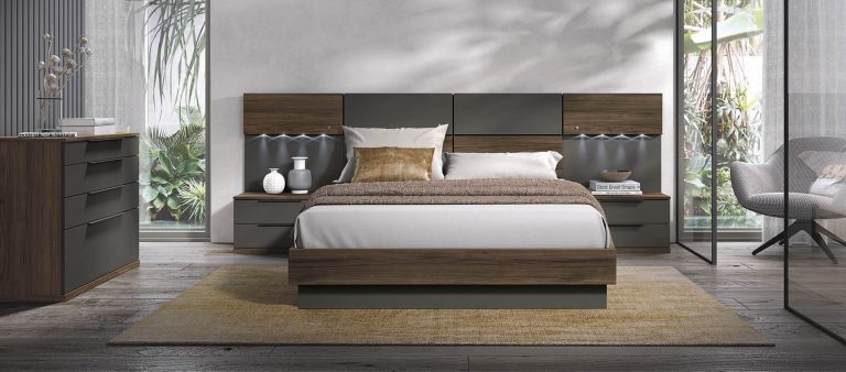 Dormitorio cabecero mesitas bancada cómoda – Home Dreams Design