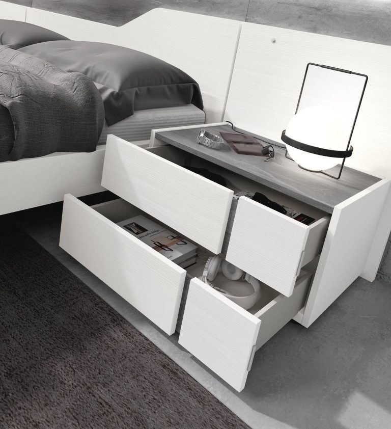 Dormitorio cabecero mesitas bancada cómoda – Home Dreams Design