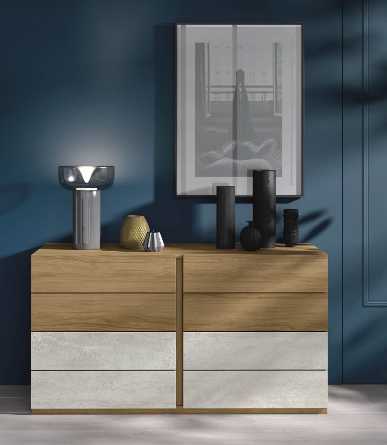 Dormitorio cabecero mesitas bancada cómoda – Home Dreams Design
