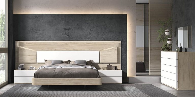 Dormitorio cabecero mesitas bancada cómoda – Home Dreams Design