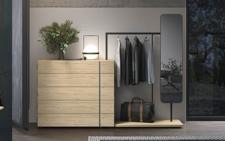 Dormitorio cabecero mesitas bancada cómoda – Home Dreams Design