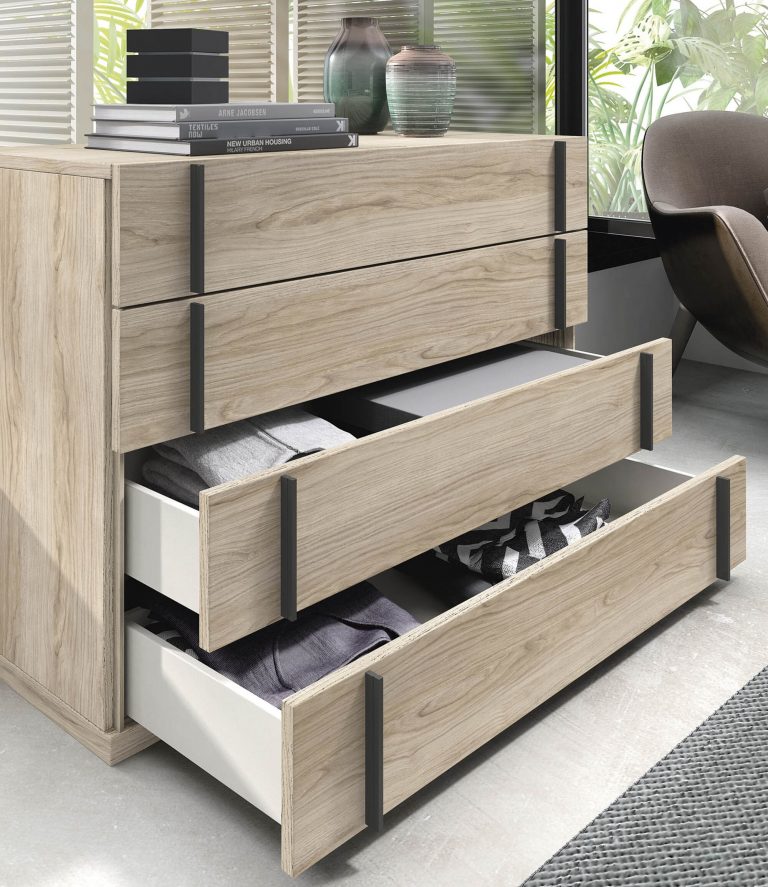 Dormitorio cabecero mesitas bancada cómoda – Home Dreams Design