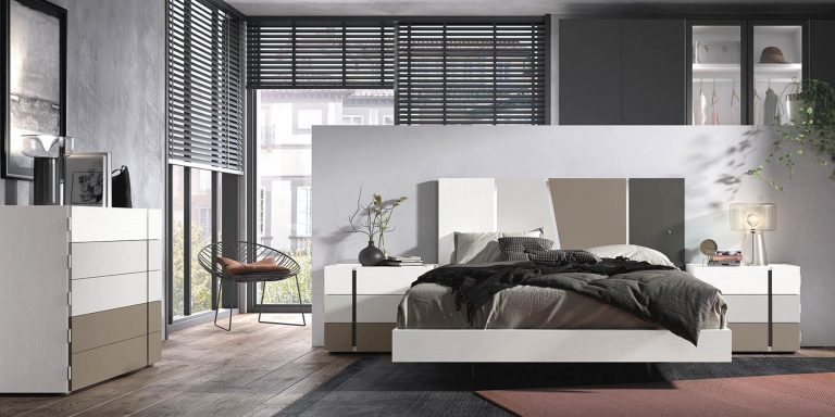Dormitorio cabecero mesitas bancada cómoda – Home Dreams Design
