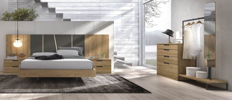 Dormitorio cabecero mesitas bancada cómoda – Home Dreams Design