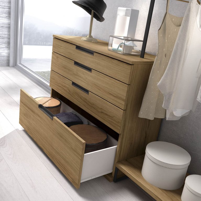 Dormitorio cabecero mesitas bancada cómoda – Home Dreams Design