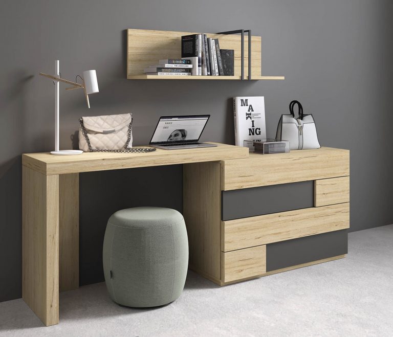 Dormitorio cabecero mesitas bancada cómoda escritorio – Home Dreams Design