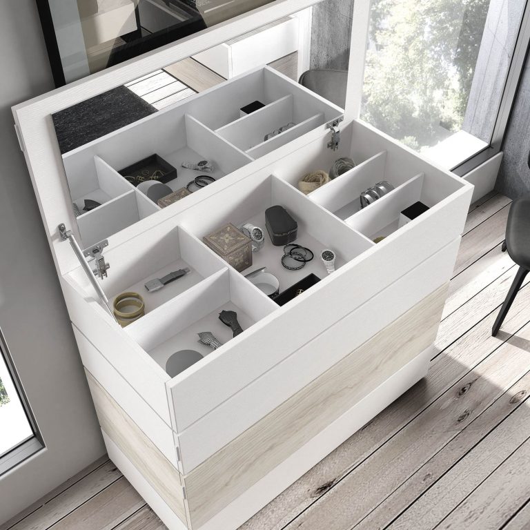 Dormitorio cabecero mesitas bancada cómoda joyero – Home Dreams Design
