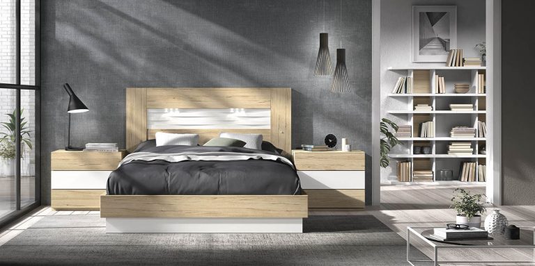 Dormitorio cabecero mesitas bancada estanterías – Home Dreams Design