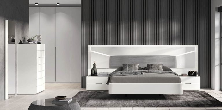 Dormitorio cabecero mesitas bancada sinfonier armario – Home Dreams Design