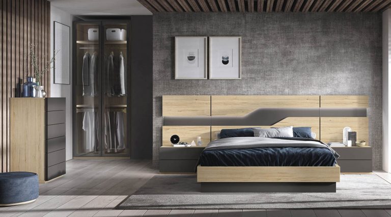 Dormitorio cabecero mesitas bancada sinfonier armario puertas cristal – Home Dreams Design