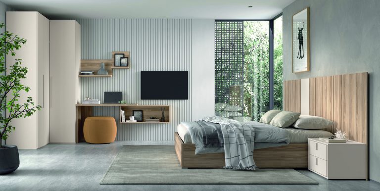 Dormitorio cabecero mesitas canapé escritorio armario puertas correderas a medida con luz LED – Home Dreams Design