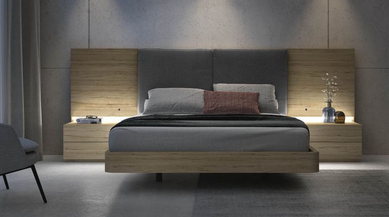 Dormitorio cabecero tapizado mesitas bancada – Home Dreams Design