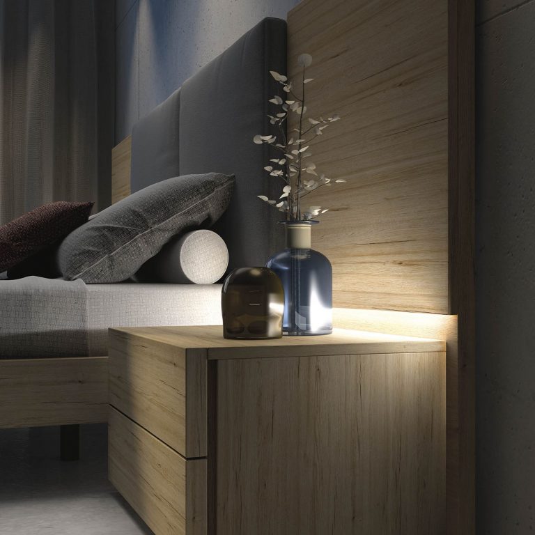 Dormitorio cabecero tapizado mesitas bancada – Home Dreams Design