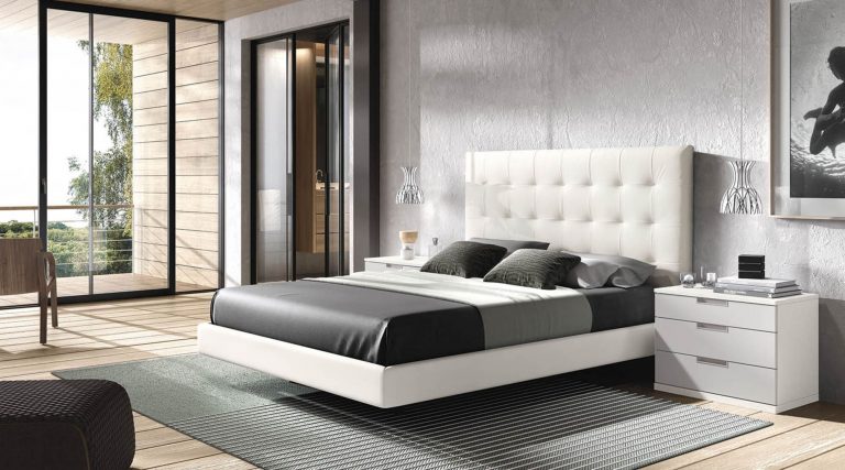 Dormitorio cabecero tapizado mesitas bancada – Home Dreams Design