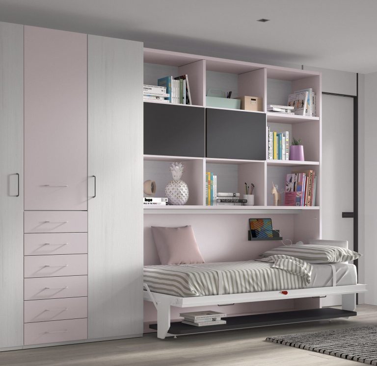 Habitación juvenil cama abatible escritorio estantería – Home Dreams Design