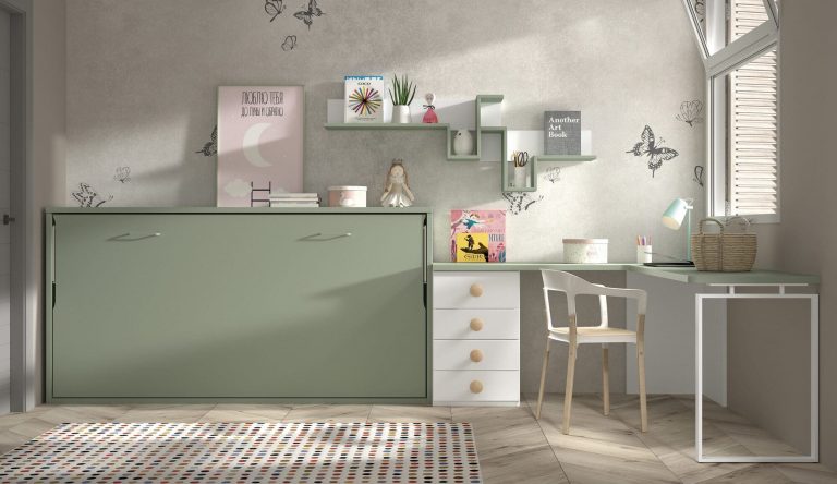 Habitación juvenil cama abatible escritorio estantería – Home Dreams Design