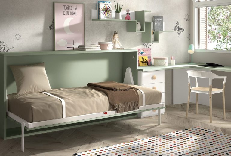Habitación juvenil cama abatible escritorio estantería – Home Dreams Design