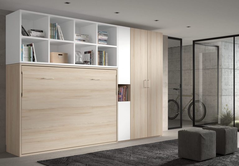 Habitación juvenil cama abatible estantería – Home Dreams Design