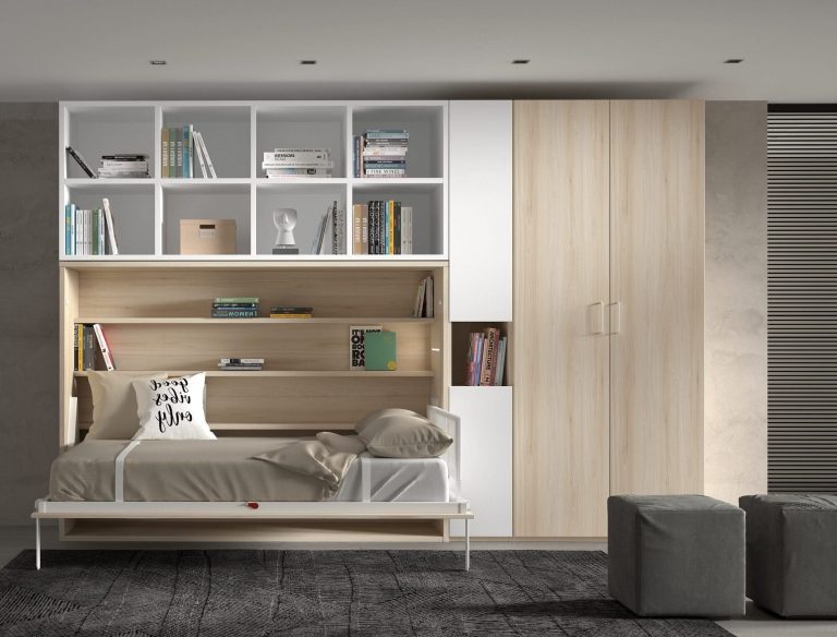 Habitación juvenil cama abatible estantería – Home Dreams Design