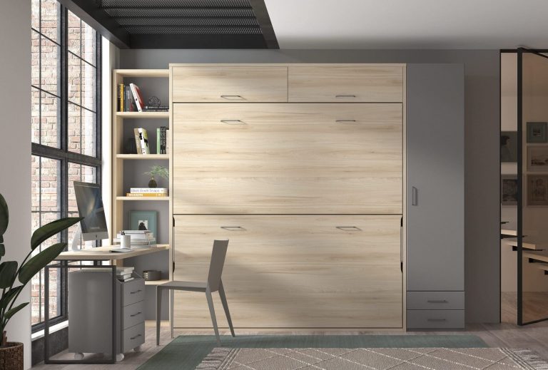 Habitación juvenil cama abatible litera escritorio estantería – Home Dreams Design