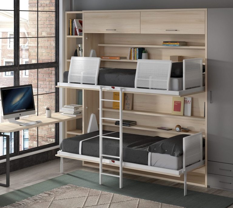 Habitación juvenil cama abatible litera escritorio estantería – Home Dreams Design