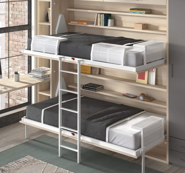 Habitación juvenil cama abatible litera escritorio estantería – Home Dreams Design