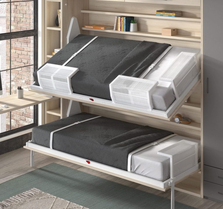 Habitación juvenil cama abatible litera escritorio estantería – Home Dreams Design