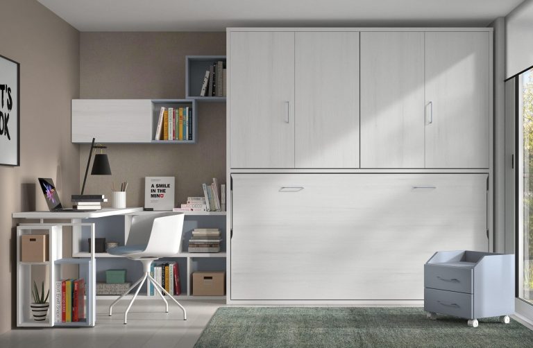 Habitación juvenil cama abatible plegables escritorio estantería – Home Dreams Design