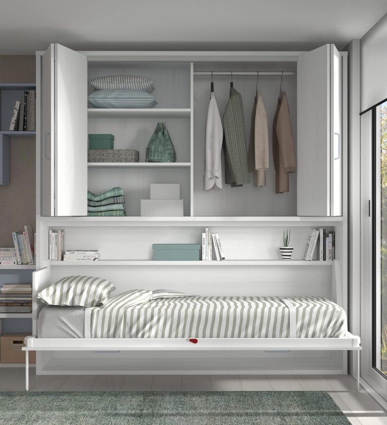Habitación juvenil cama abatible plegables escritorio estantería – Home Dreams Design