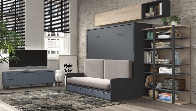 Habitación juvenil cama abatible sofá cajones – Home Dreams Design