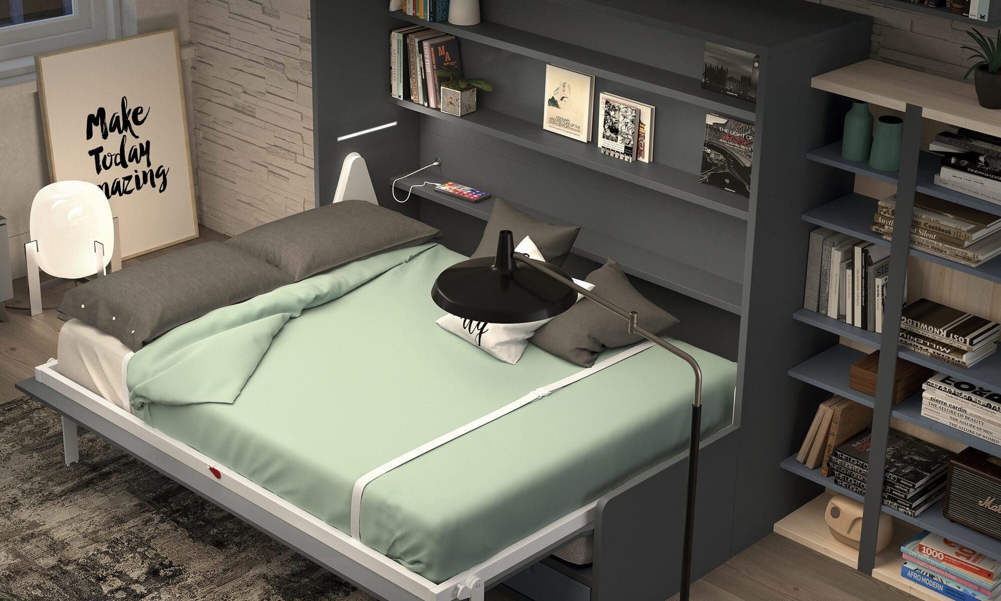Habitación juvenil cama abatible sofá cajones – Home Dreams Design