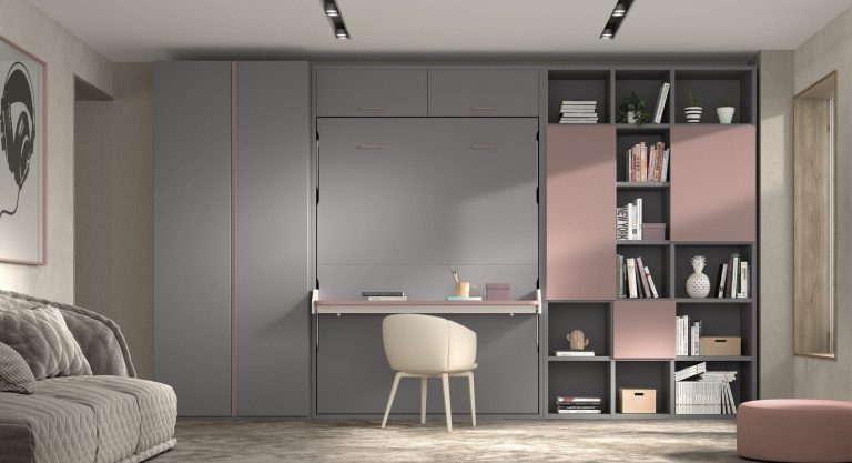 Habitación juvenil cama abatible vertical escritorio estantería – Home Dreams Design