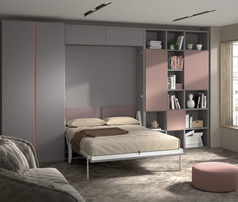 Habitación juvenil cama abatible vertical escritorio estantería – Home Dreams Design