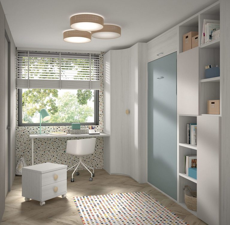 Habitación juvenil cama abatible vertical estantería – Home Dreams Design