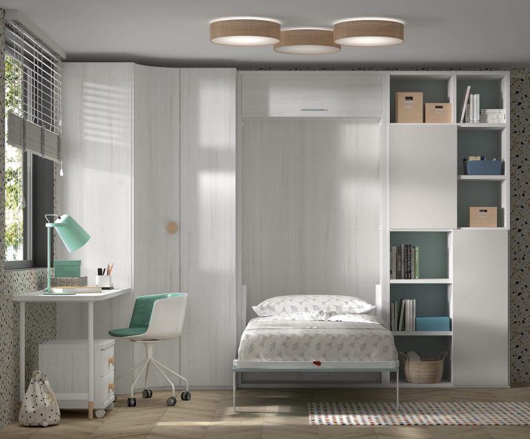 Habitación juvenil cama abatible vertical estantería – Home Dreams Design