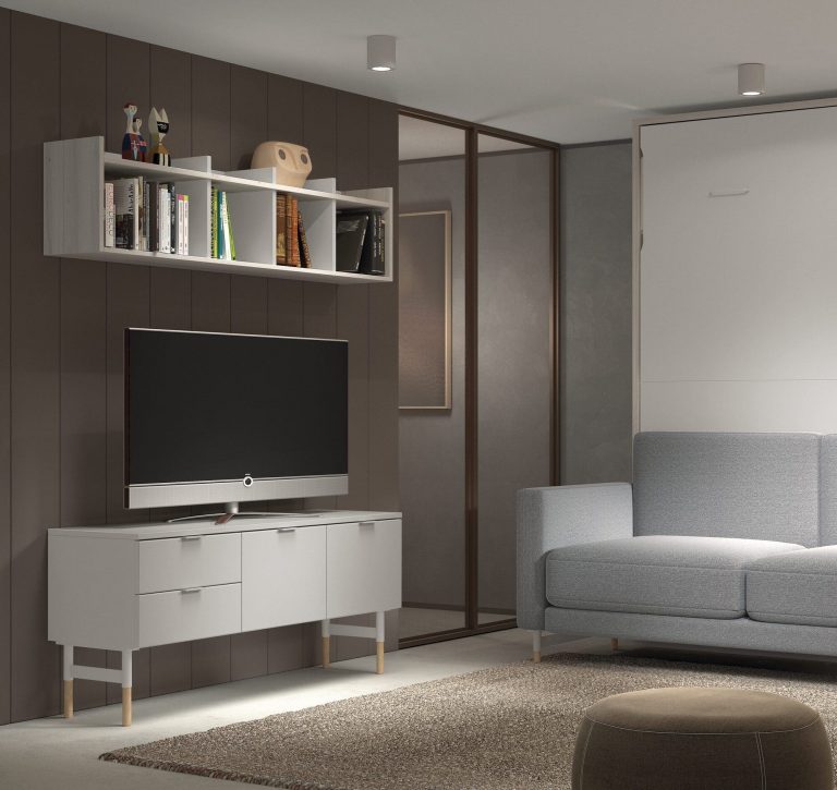 Habitación juvenil cama abatible vertical sofá – Home Dreams Design