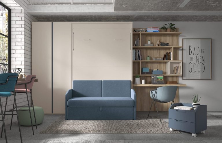 Habitación juvenil cama abatible vertical sofá arcón – Home Dreams Design