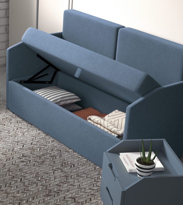 Habitación juvenil cama abatible vertical sofá arcón – Home Dreams Design